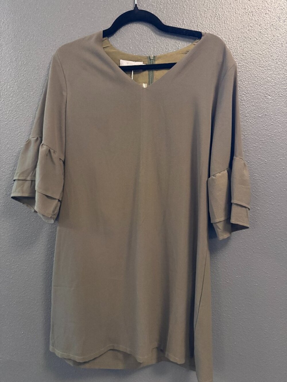 Olive Green Ruffle Sleeve V-Neck Shift Dress Tunic